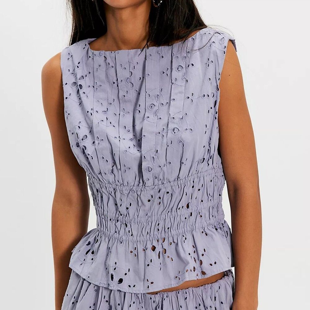 Free People Jude Eyelet Embroidered Blouse Top Smocked Sleeveless Cotton L291313